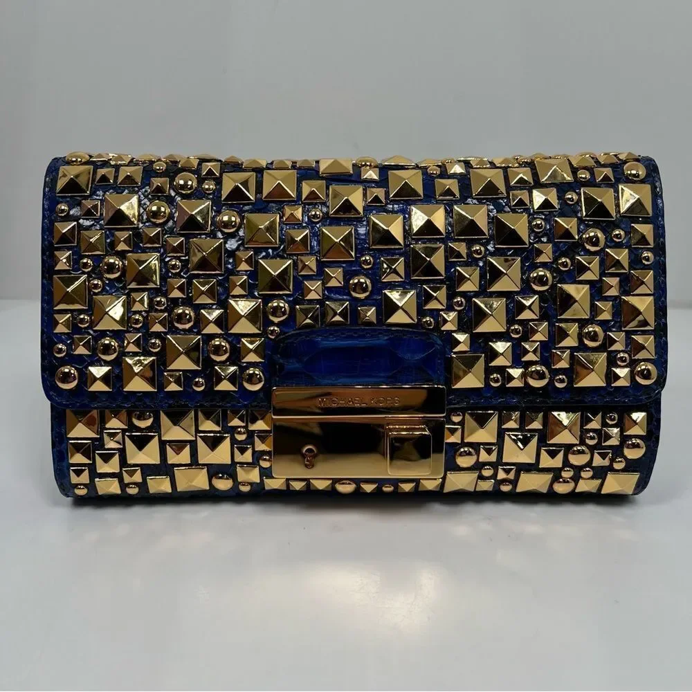 Michael Kors Python Studded Gia Clutch Bah Blue and Gold